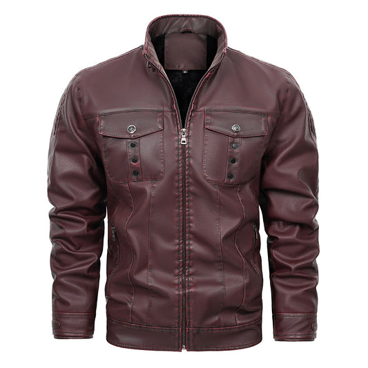 Men’s Wine Red PU Leather Jacket