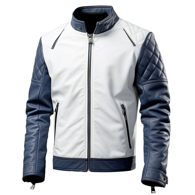 Men’s Dominant Navy Blue Grey Genuine Lambskin Quilted Biker Leather Jacket