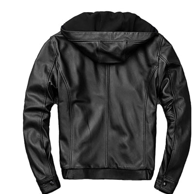 Mens Trendy Genuine Black Leather Hooded Bomber Jacket