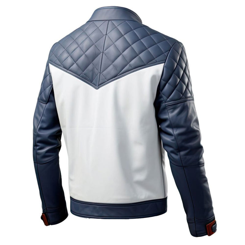 Men’s Dominant Navy Blue Grey Genuine Lambskin Quilted Biker Leather Jacket