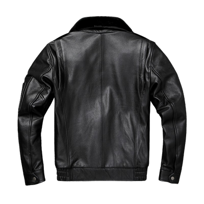 Mens Classic Style A2 Flight Aviator Black Real Cowhide Leather Jacket with Fur Collar