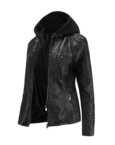 Womens Naomi Genuine Lambskin Leather Hooded Jacket with Removable Hoodie