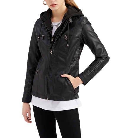 Womens Naomi Genuine Lambskin Leather Hooded Jacket with Removable Hoodie