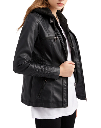 Womens Naomi Genuine Lambskin Leather Hooded Jacket with Removable Hoodie