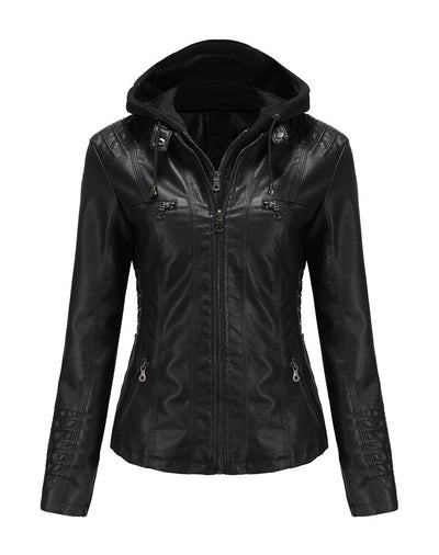 Womens Naomi Genuine Lambskin Leather Hooded Jacket with Removable Hoodie