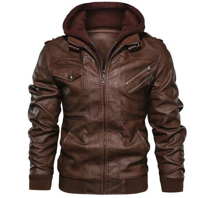 Mens Arlo Genuine Leather Hooded Bomber Jacket with Removable Hoodie