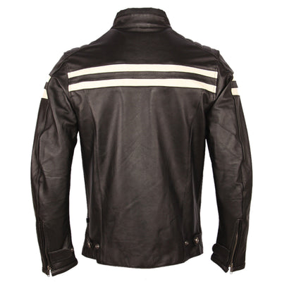 Men's Nova Stylish Cafe Racer White Stripped Black Genuine Lambskin Leather Jacket