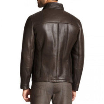 Men's Fortress Coffee Brown Genuine Lambskin Front Flap Pockets Leather Jacket