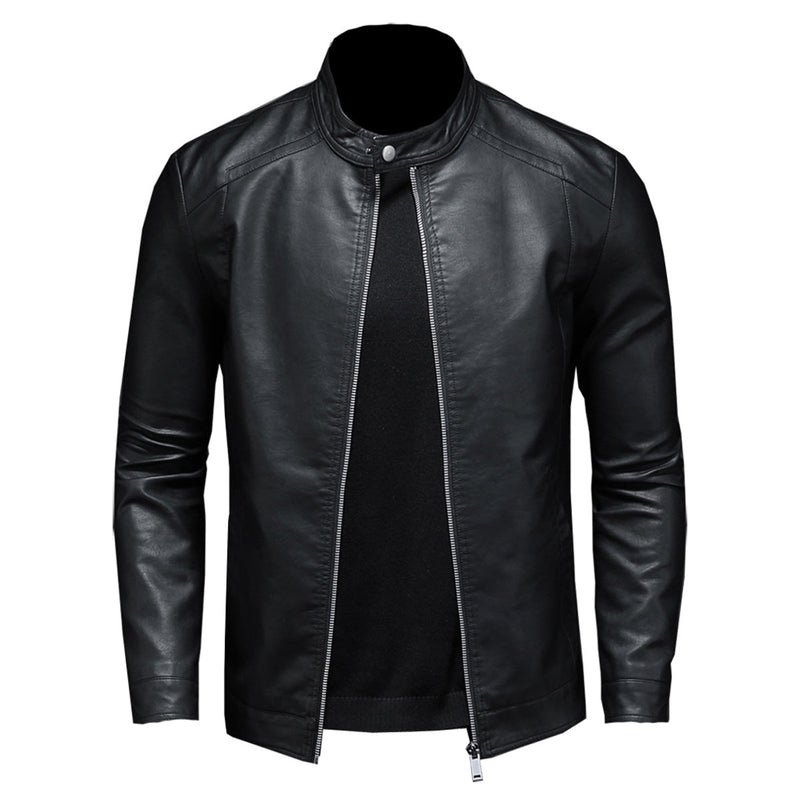 Men’s Cosmic Black Stand-Up Collar Biker Genuine Lambskin Leather Jacket