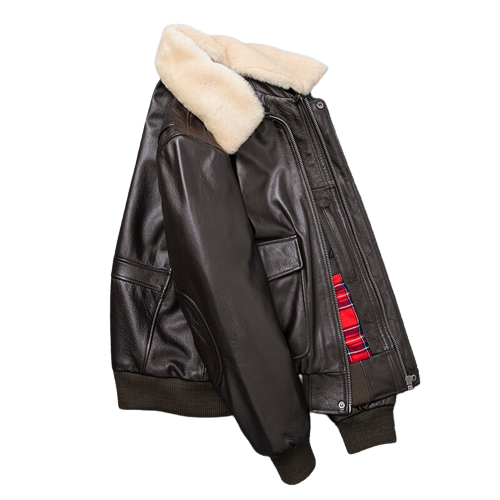 Mens Knox Flight Bomber Genuine Lambskin Leather Fur Collar Cotton Checked Lined Jacket