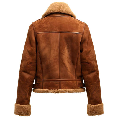 Womens Sapphire Brown Aviator Faux Fur Lined Collar & Cuff Suede Leather Jacket