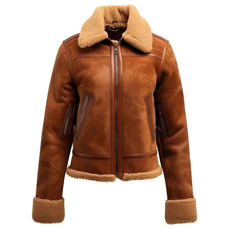Womens Sapphire Brown Aviator Faux Fur Lined Collar & Cuff Suede Leather Jacket