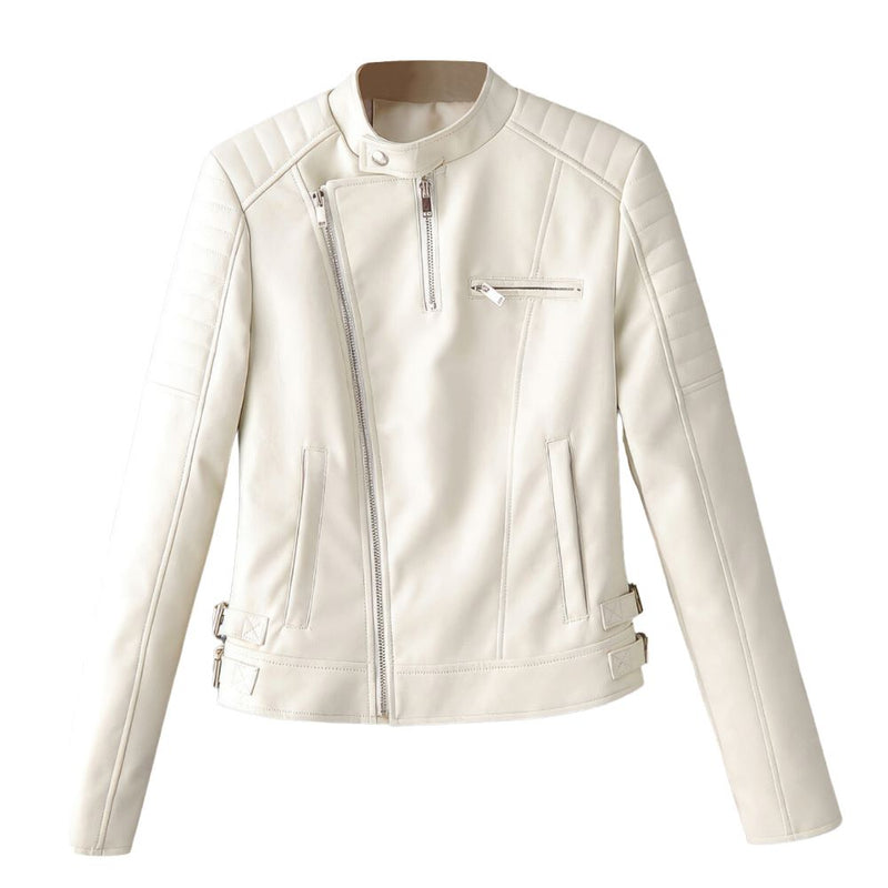 Women’s Aura White Stylish Slim-Fit Biker Genuine Sheepskin Leather Jacket