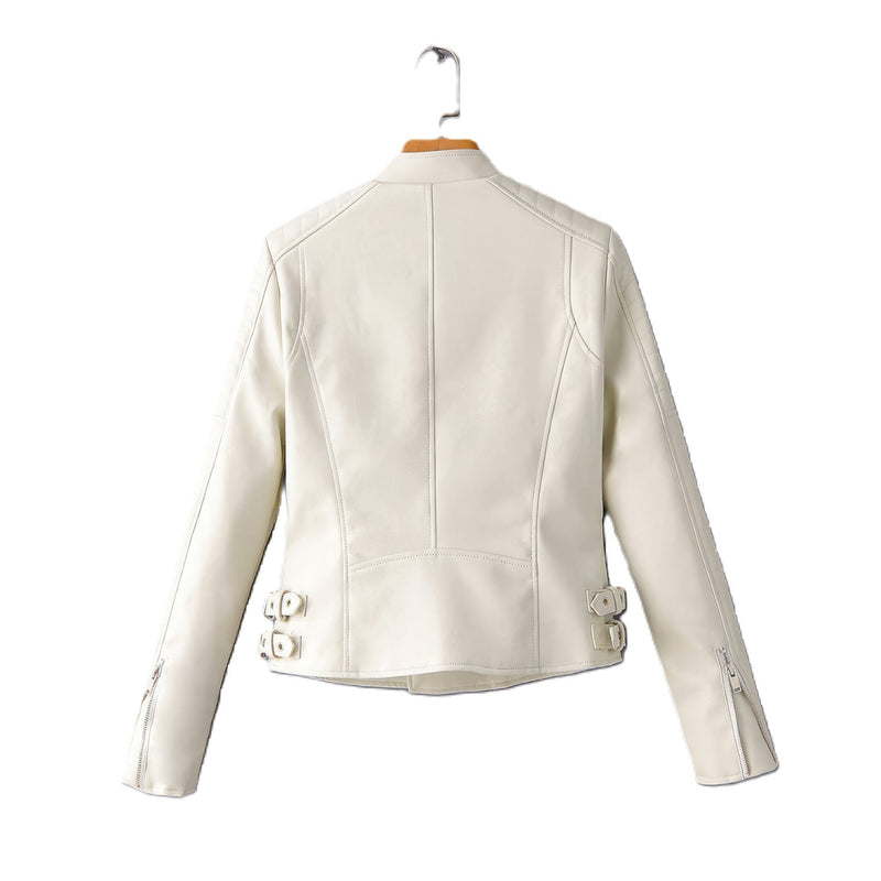 Women’s Aura White Stylish Slim-Fit Biker Genuine Sheepskin Leather Jacket