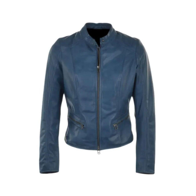 Women’s Iconic Winter Retro Blue Biker Genuine Sheepskin Leather Jacket