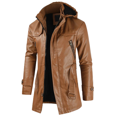 Mens Zane Front Button and Zippered Hooded Leather Coat