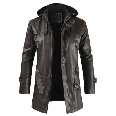 Mens Zane Front Button and Zippered Hooded Leather Coat