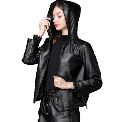 Womens Harper Genuine Black Leather Hooded Bomber Jacket