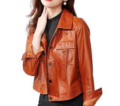 Womens Hazel Front Pocket Tan Genuine Lambskin Leather Jacket