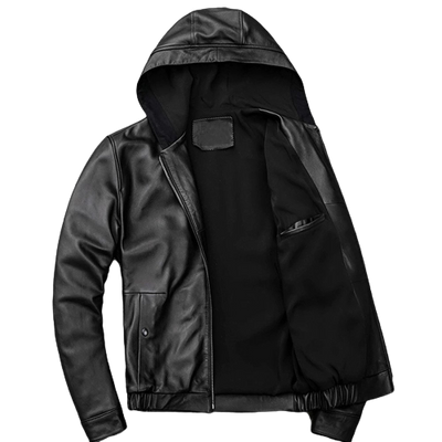 Mens Trendy Genuine Black Leather Hooded Bomber Jacket