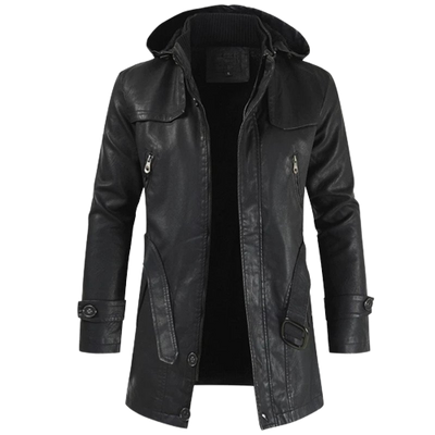 Mens Zane Front Button and Zippered Hooded Leather Coat