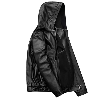 Mens Trendy Genuine Black Leather Hooded Bomber Jacket