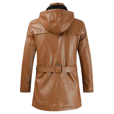 Mens Zane Front Button and Zippered Hooded Leather Coat