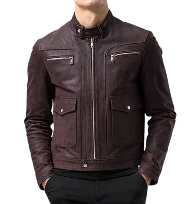 Mens Asher Front Pocket Brown Genuine Lambskin Leather Jacket