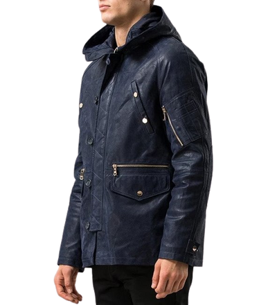 Mens Maverick Front Button Navy Blue Hooded Leather Coat