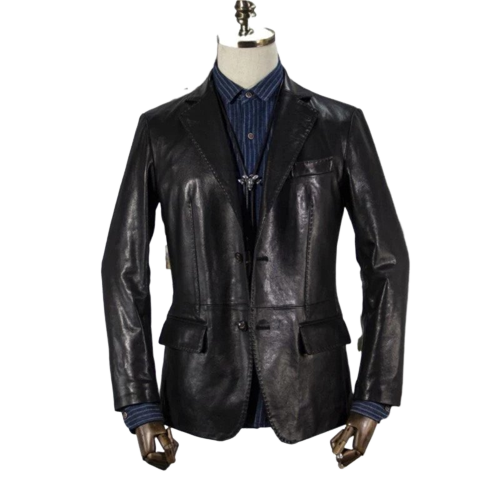 Mens Henley Front Button Black Leather Blazer