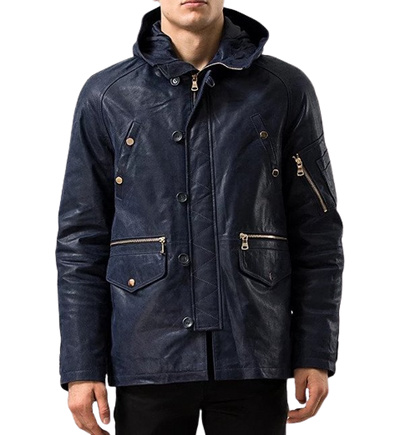 Mens Maverick Front Button Navy Blue Hooded Leather Coat