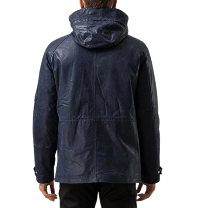 Mens Maverick Front Button Navy Blue Hooded Leather Coat