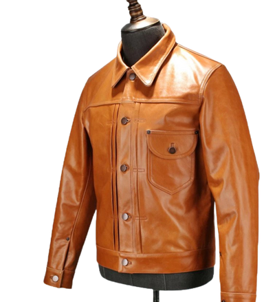 Mens Zion Front Pocket Glossy Tan Genuine Lambskin Leather Jacket