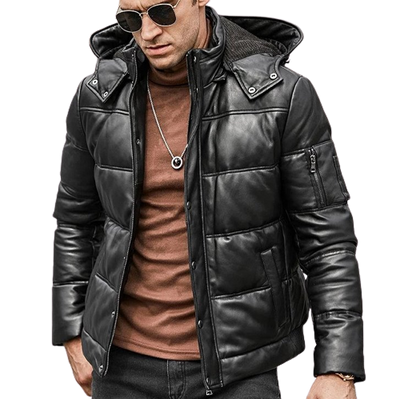 Mens Daylan Genuine Hooded Lambskin Leather Puffer Jacket