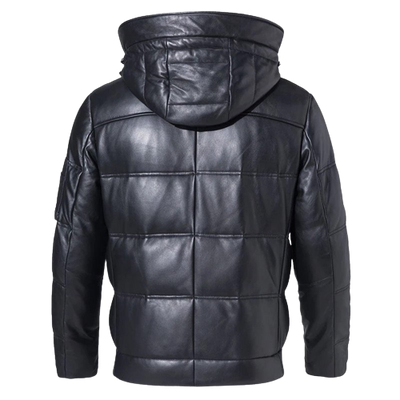 Mens Daylan Genuine Hooded Lambskin Leather Puffer Jacket