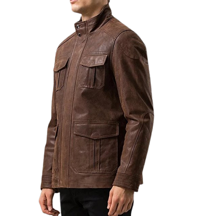 Mens Hunter Front Pocket Brown Genuine Cow Leather Jacket