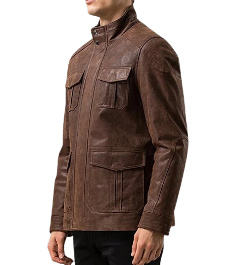 Mens Hunter Front Pocket Brown Genuine Cow Leather Jacket