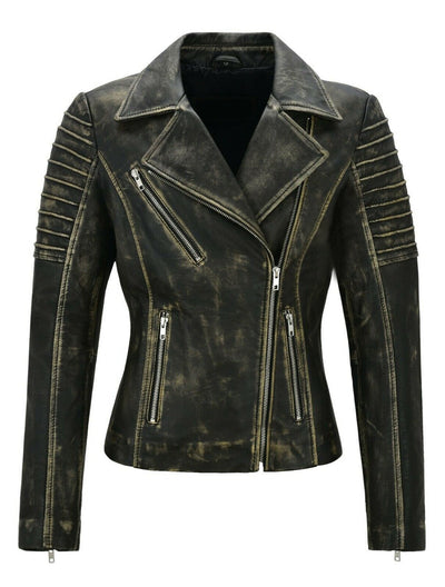 Womens Eva Genuine Lambskin Distressed Leather Jacket