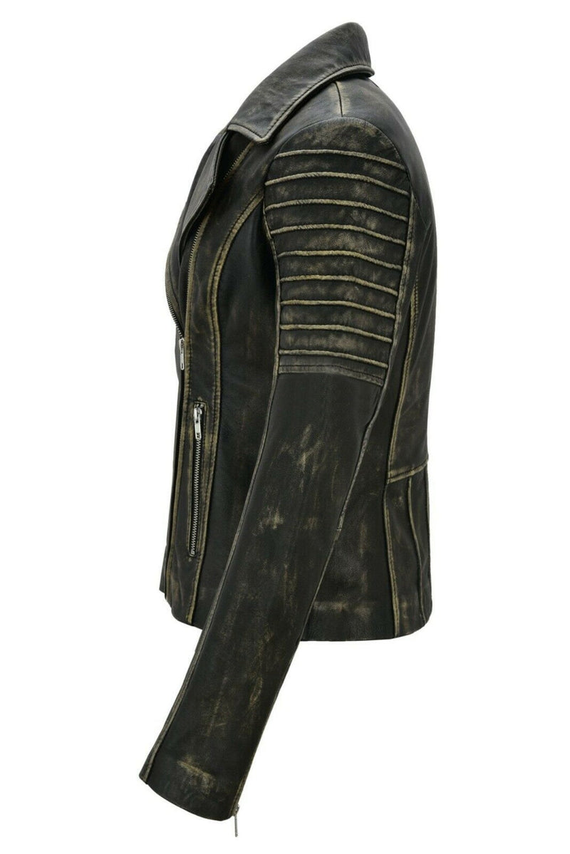 Womens Eva Genuine Lambskin Distressed Leather Jacket