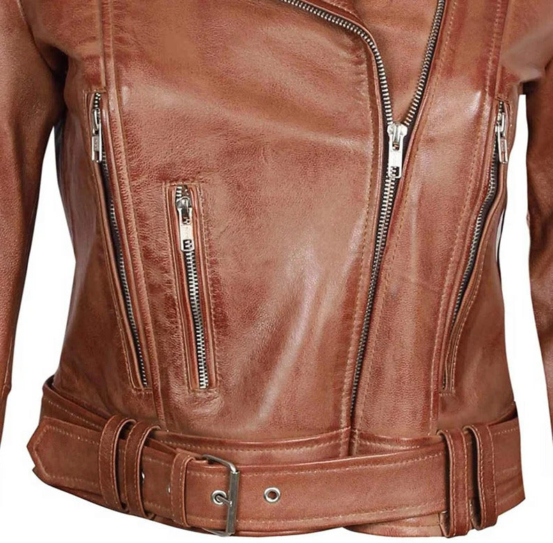 Womens Sevyn Genuine Lambskin Biker Leather Jacket
