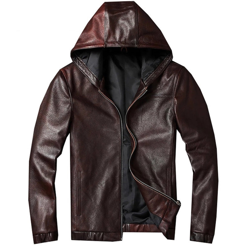 Mens Bowie Simple Genuine Lambskin Leather Hooded Bomber Jacket