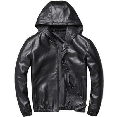 Mens Bowie Simple Genuine Lambskin Leather Hooded Bomber Jacket