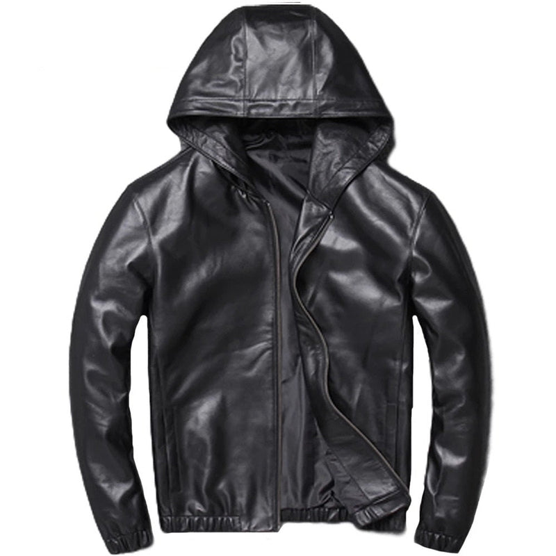 Mens Bowie Simple Genuine Lambskin Leather Hooded Bomber Jacket